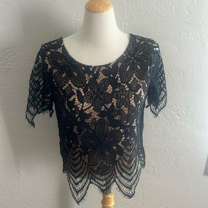 EXPRESS Black Lace Nude Crop Top Shirt Size Small
